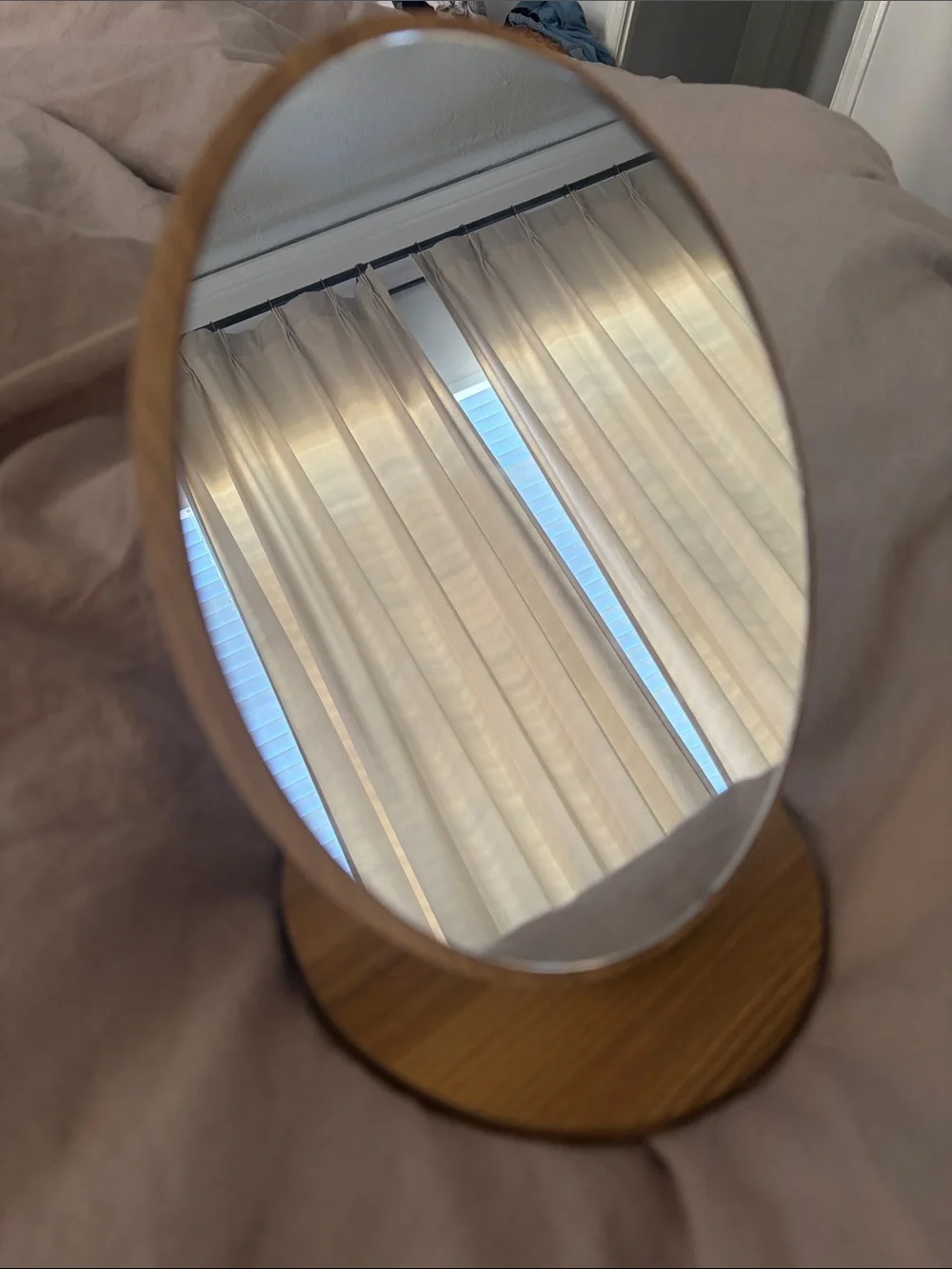 Oval Table Mirror with Wood Base - Beige